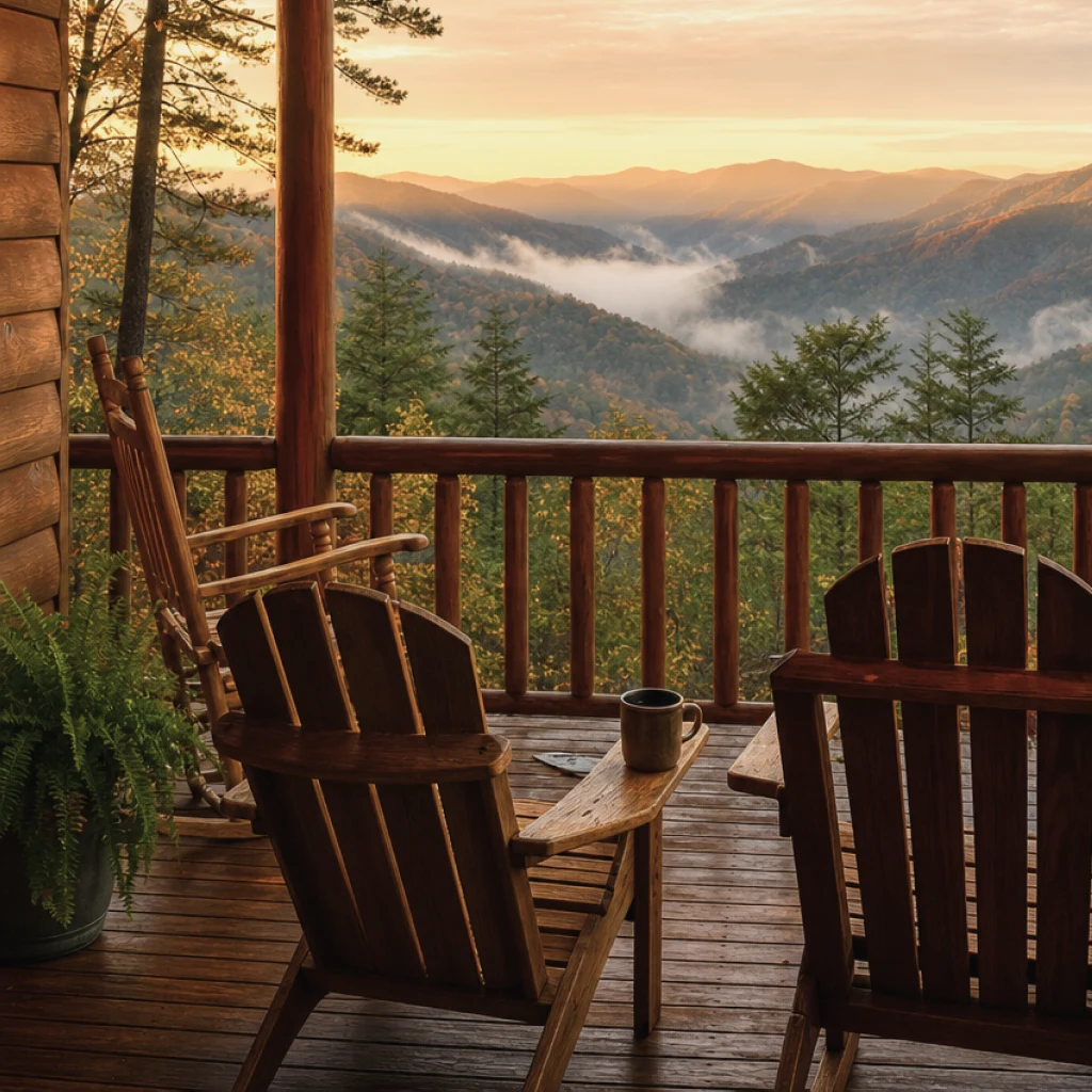 A mountain cabin porch overlooking the valley