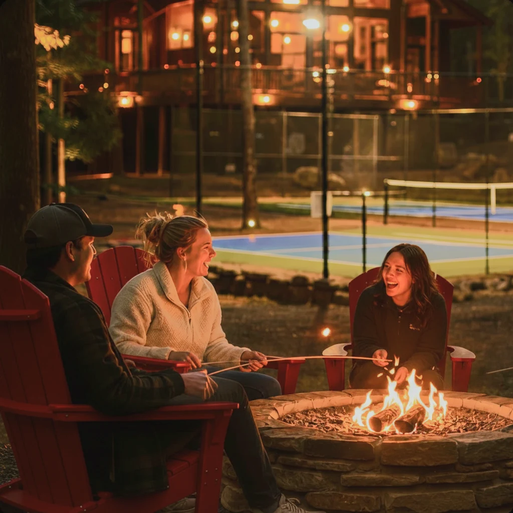 Friends gathered around a fire outside a forest cabin