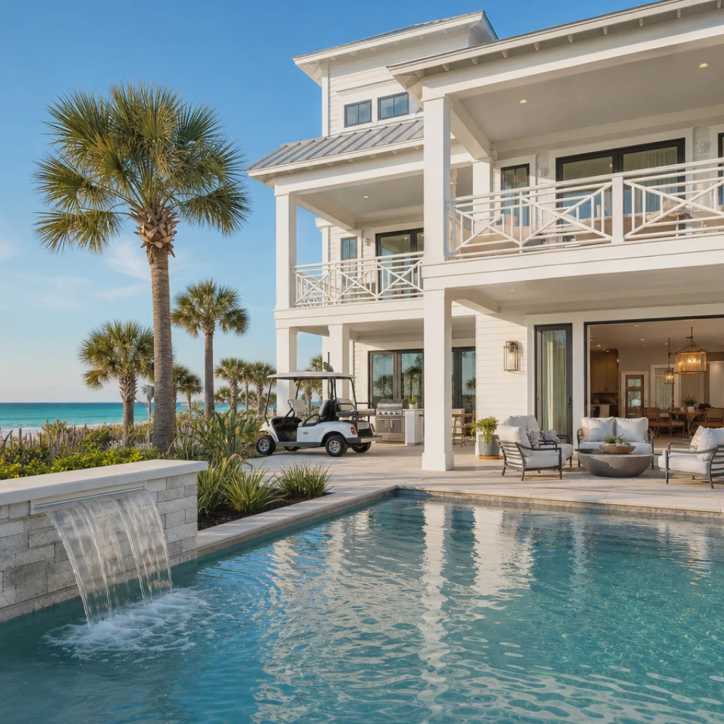 A coastal vacation home with a pool and ocean views